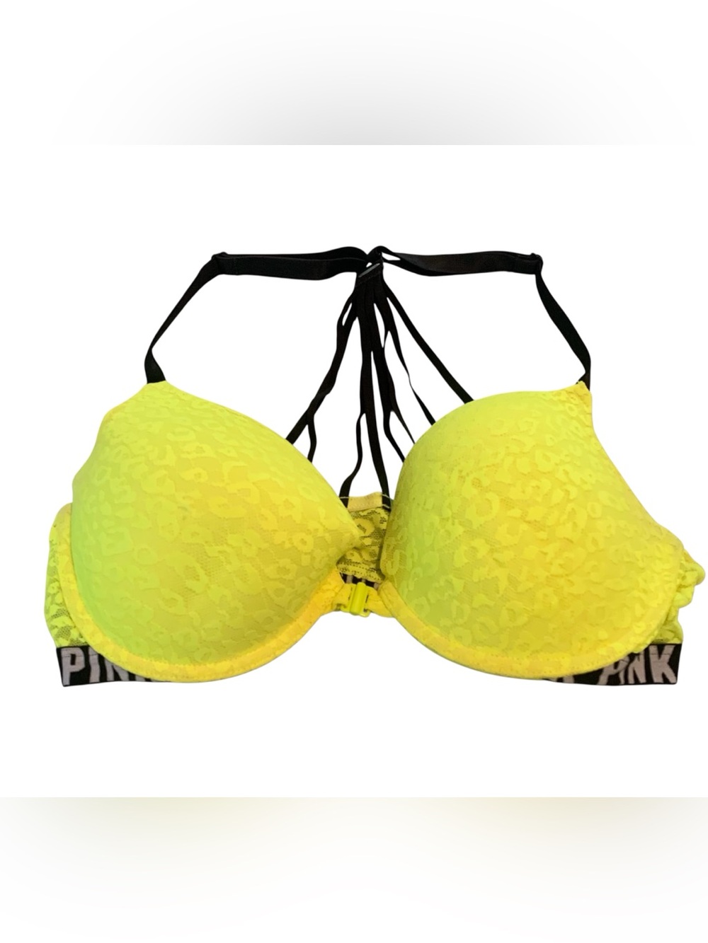 PINK Victoria's Secret Neon Yellow Lace Front Close Push Up Bra 36C Strappy Back